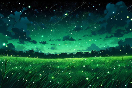Green field at night with stars in pop art style