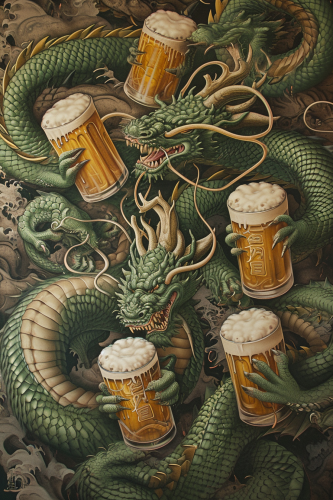 Green Japanese dragons with beer mugs