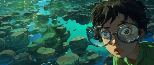 Kid with glasses finds a green sea slug