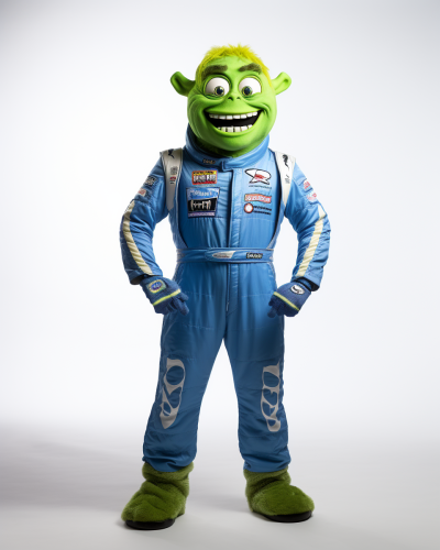 Photorealistic green troll race car driver portrait