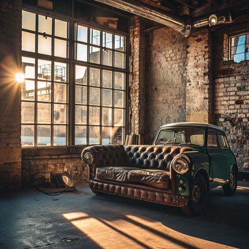 Stylish green vintage car in sunlit loft living room Stylish green vintage car in sunlit loft living room