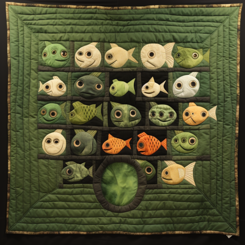 Quilt with adorable fish-headed babies peeking through a green window