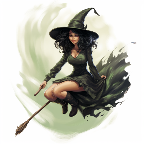 Woman with Green Skin Flying on Broom
