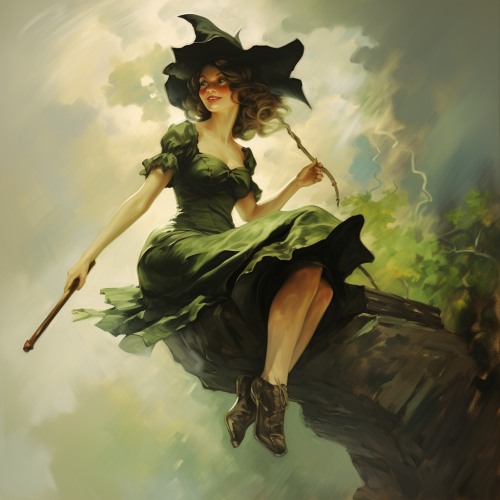 Green witch flying on broomstick