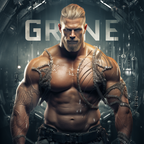 Muscle Viking in Futuristic Metaverse with  G R E N I E  Text