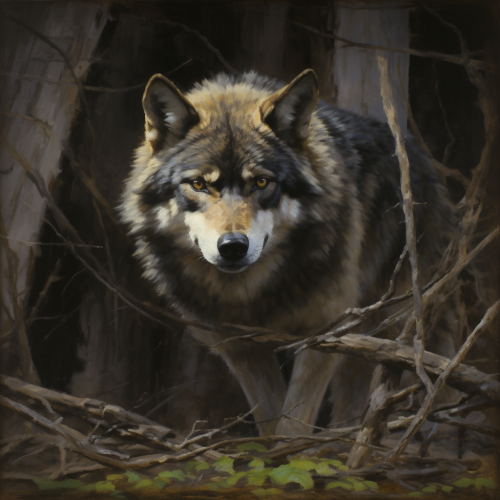 Powerful grey-furred wolf in Max Prentis style