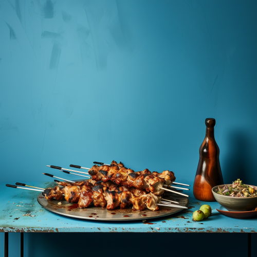 Grilled kebab on a blue table Grilled kebab on a blue table