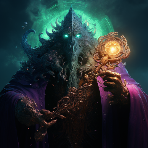 Grimdark cosmic gatekeeper holding mysterious key