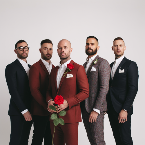 Group of 5 men posing with red roses