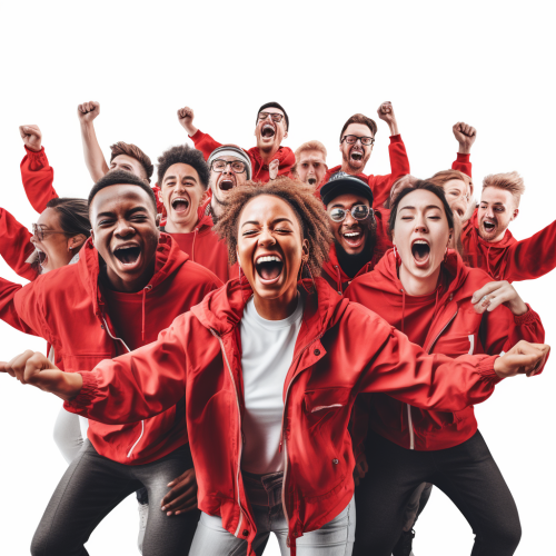 People Cheering in Red Windbreakers