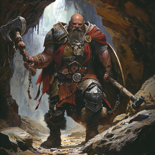 Gruff Bald Cleric Battle Hammer Shield Cave Entrance