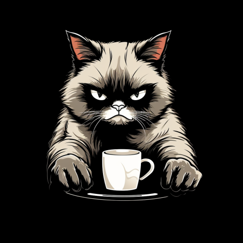 Grumpy cat holding a coffee cup