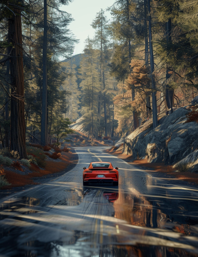 GT3 car on forest road with reflections