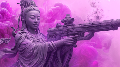 Guanyin holding gatling gun on purple banner