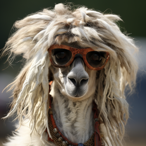 Fashionable guilty llama with coiffed wig and hippie attire .