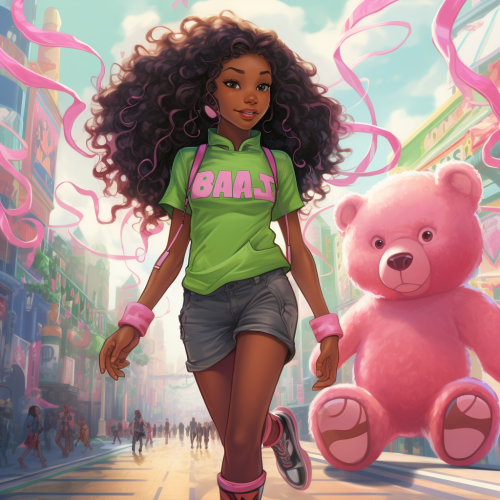 Teenage girl with curly locs wearing hiking boots, holding a pink and green gummy bear at Bermuda carnival