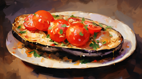 half stuffed eggplant with tomato slices