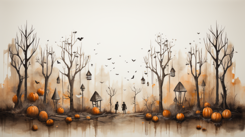 Spooky Halloween forest path with skeletal creatures