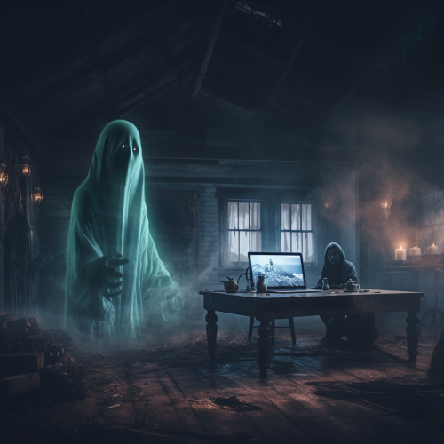 Halloween ghost using technology in dark scene
