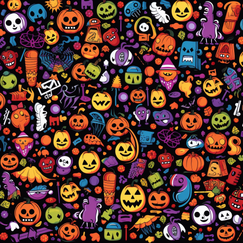 Halloween fabric pattern with colorful objects