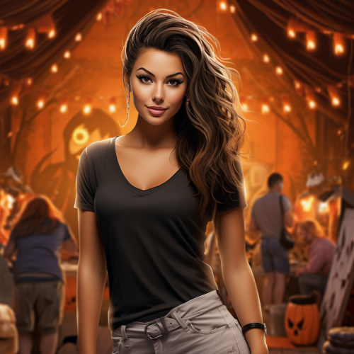 Beautiful woman in white T-Shirt at Halloween festival