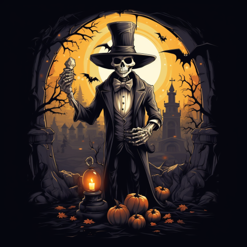 Halloween skeleton in tailcoat inviting to the grave