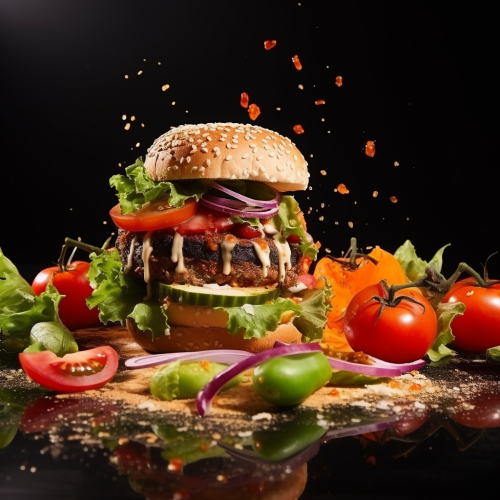 Tasty hamburger publicity reel with fresh tomato salad Tasty hamburger publicity reel with fresh tomato salad