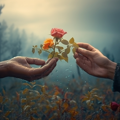 Hands holding flower in foggy day