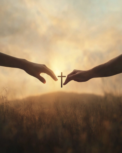Two hands reaching cross silhouette Two hands reaching cross silhouette