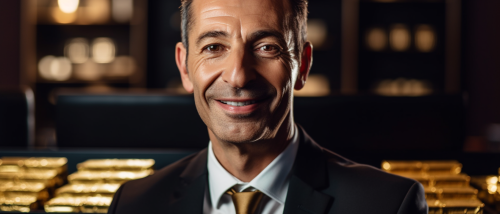 Smiling male concierge with gold bullion bars