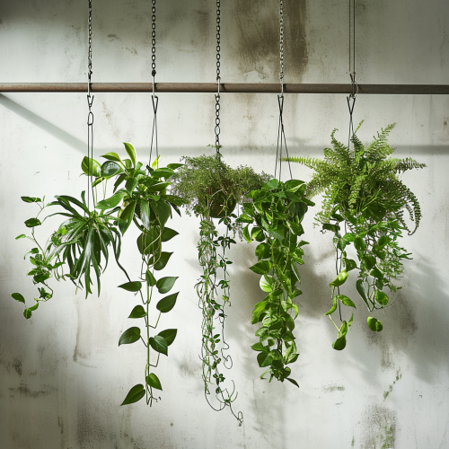 Beautiful hanging plants on metal rod in summer garden Beautiful hanging plants on metal rod in summer garden