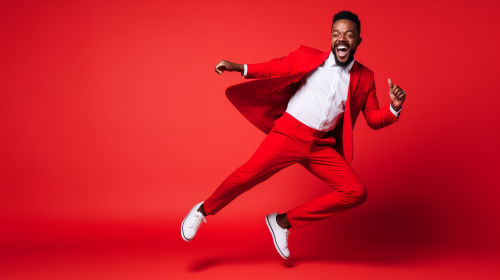 Smiling African American Dancing in Red Suit