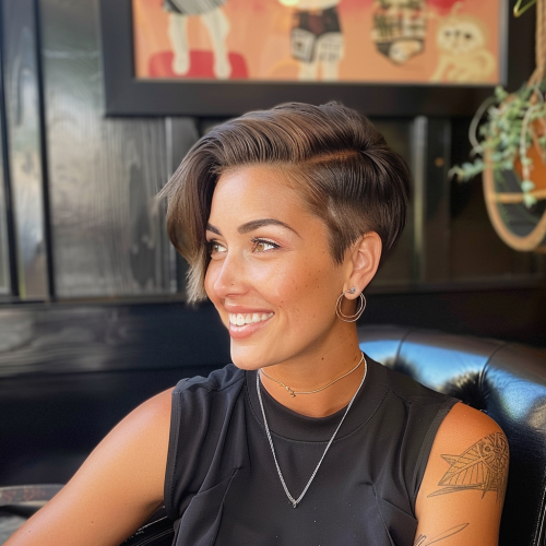 Happy girl with new pixie haircut