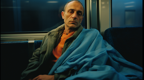 Happy man on train with blue scarf