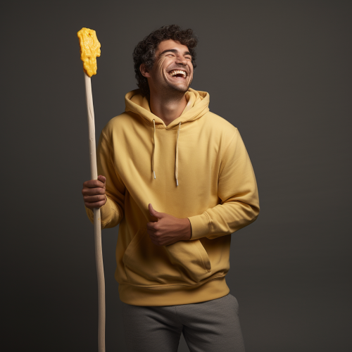 Smiling man snuggling giant melting butter stick