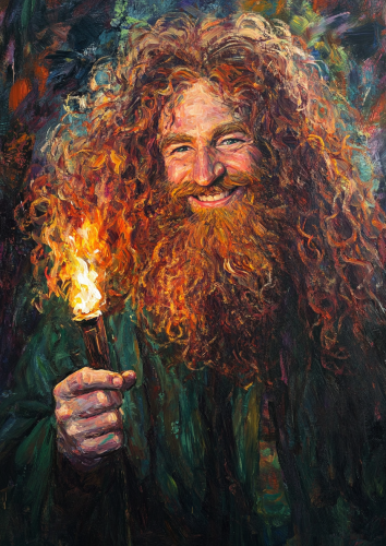 man holding lit torch green robe man holding lit torch green robe