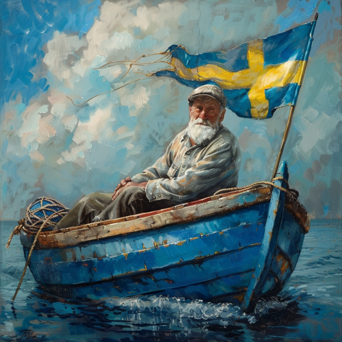 Elderly man in blue boat Swedish flag Elderly man in blue boat Swedish flag