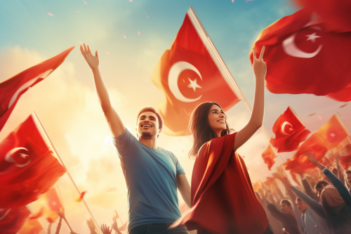 Happy people waving Turkish flags in a cinematic image