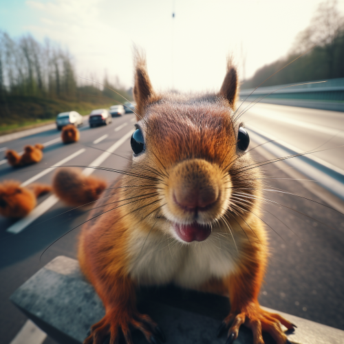 A happy squirrel with a motorway in the background