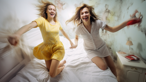 Two happy women having fun in a messy bedroom