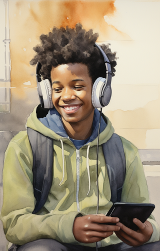 Illustration of a happy black boy listening to music
