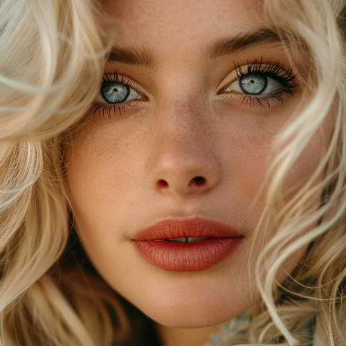 Blonde woman blue eyes smiling