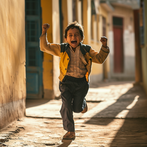 Child running out of school punching the air with joy
