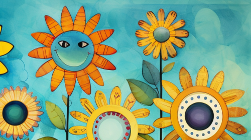 Colorful flower trio with smiling faces