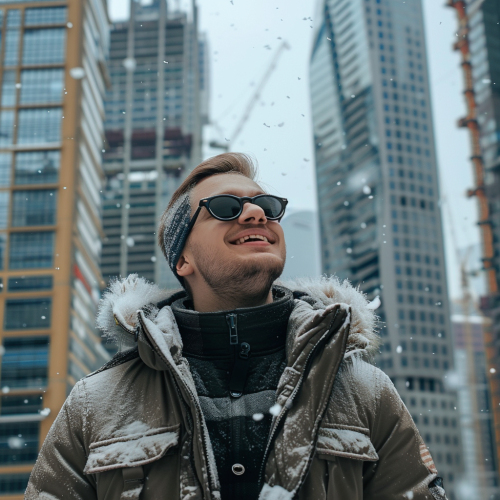 Happy man in snow skyscrapers