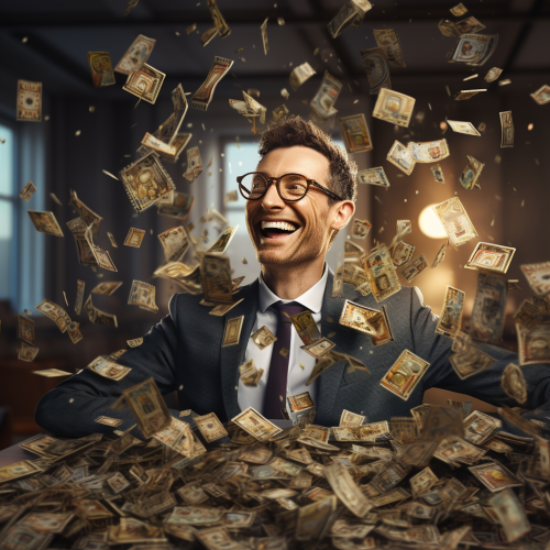 Happy robot surrounded by money