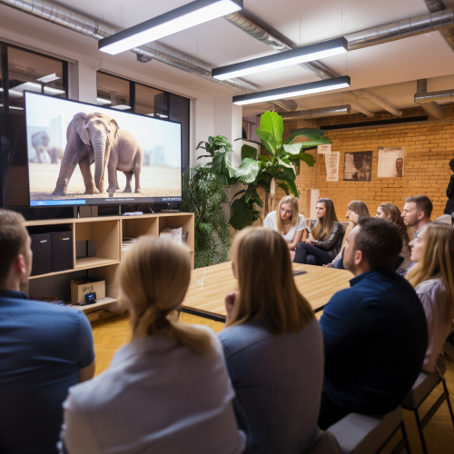 Happy team watching video in bright office