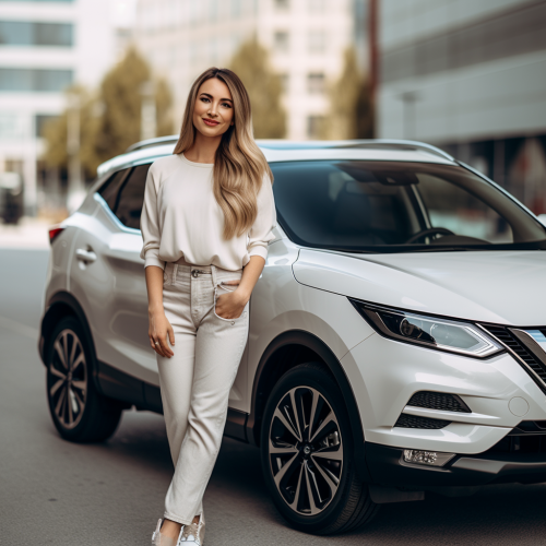 Smiling woman next to white Nissan Qashqai