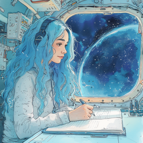 Happy woman writer in spaceship with blue hair Happy woman writer in spaceship with blue hair