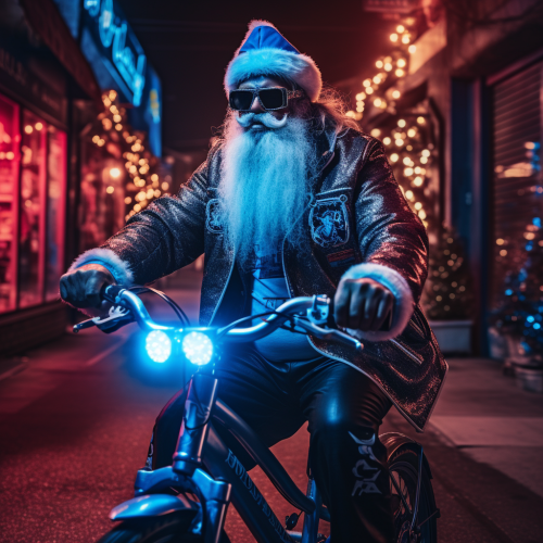Hardrock Santa Claus Riding Bicycle in Neon Blue